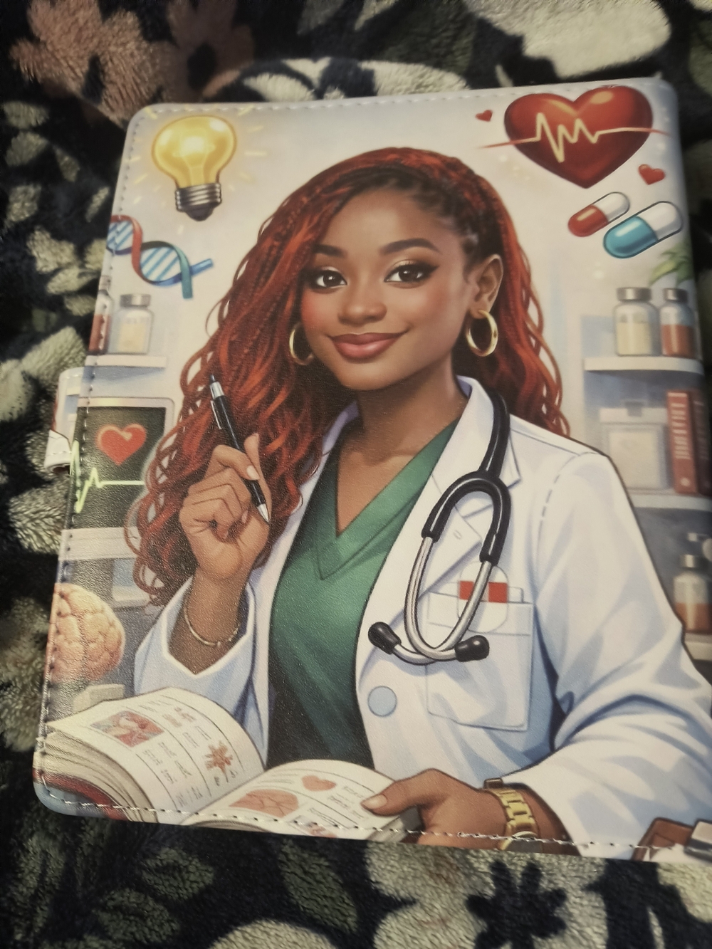 Doctor Illustration Tablet or Notebook Cover - Red Hair, Green Scrubs, A5 Binder